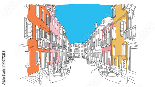 Charming canal view with vibrant buildings in modern linear art style