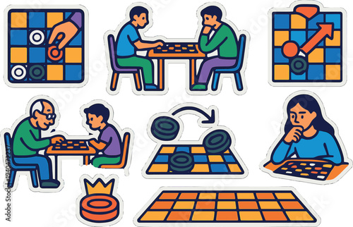 Checkers gameplay scene stickers: strategy, competition, and family fun