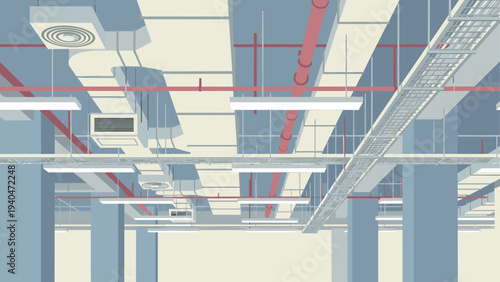 Industrial ceiling design with exposed ductwork and pipes in flat style