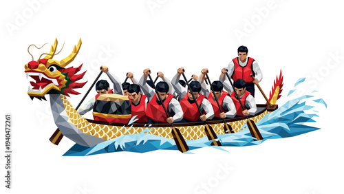 Low poly dragon boat racing scene with paddlers in action