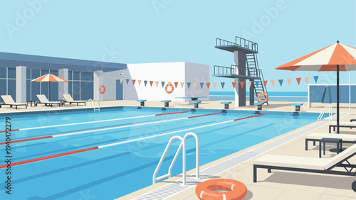 Relaxing poolside escape with diving board and lounge chairs on sunny day