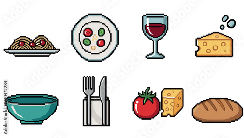 Pixel art food icons featuring italian cuisine elements in 8-bit style