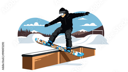Snowboarder performing trick on rail in winter landscape