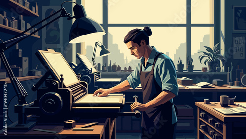 Man working in a vintage print shop with industrial equipment in urban setting