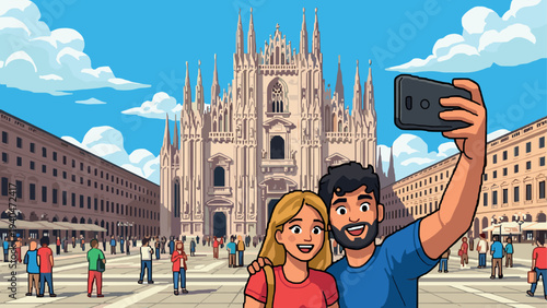 Colorful cartoon style cityscape with tourists taking a selfie in front of a historic cathedral