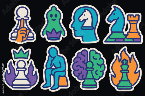 Vibrant chess sticker set with modern icons and abstract elements