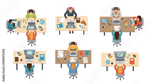 Collaborative office workspace with diverse teams at desks in flat design