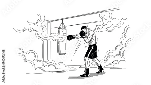 Dynamic boxing training in dramatic linear style with billowing clouds