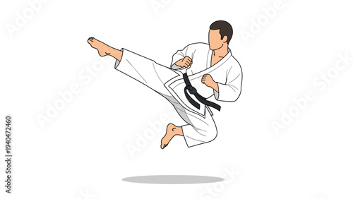 Karate athlete kicking in mid-air pose with focused energy