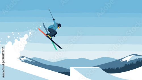 Winter sports adventure: skier performing an aerial trick against majestic mountain backdrop