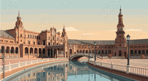 Charming architectural landmark with reflections at plaza in seville