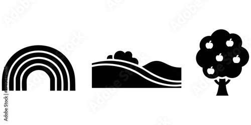 Rural Landscape Silhouette Set: Four-Band Rainbow, Rolling Hills with Bushes, and Apple Tree Icons