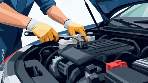 Mechanic repairing car engine with wrench in low poly art style