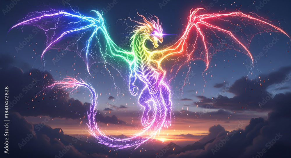 Fototapeta premium Majestic Rainbow Lightning Dragon Soaring Through Clouds at Sunset