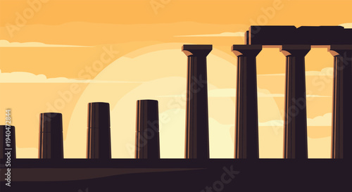 Majestic ancient ruins at sunset: ancient columns against golden sky
