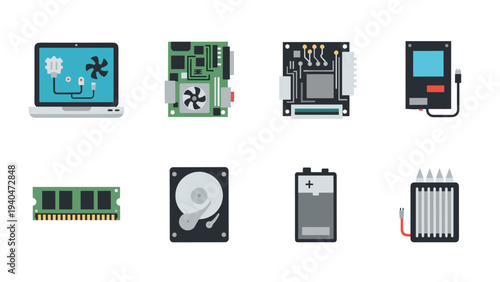 Computer hardware components icons set for technology and electronics