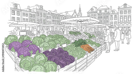 Charming urban market scene with fresh vegetables and historic architecture