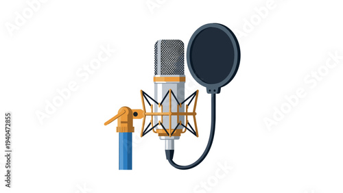 Professional studio microphone with pop filter and shock mount for audio recording