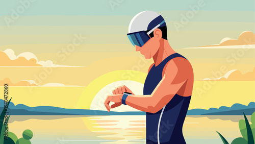 Futuristic athlete checking smartwatch at sunset near tranquil lake