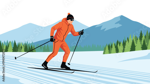 Cross country skiing in winter landscape with mountains and snowy trails