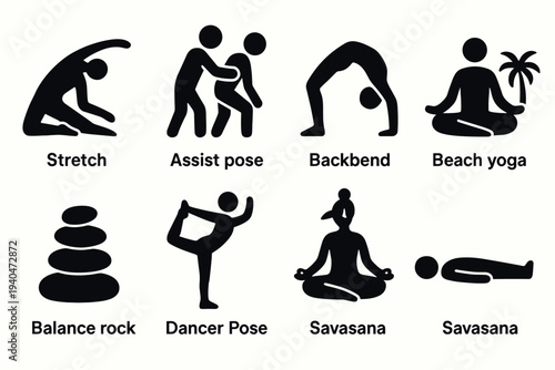 Minimalist yoga poses and icons for wellness and meditation