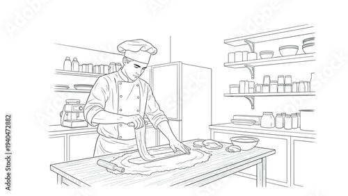 Chef preparing pasta in modern kitchen with shelves and equipment line art drawing