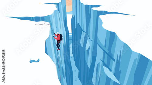 Adventurous ice climber ascends deep crevasse in dramatic mountain scene