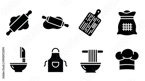 Kitchen utensil icons: baking, cooking, and chef essentials in bold silhouette style