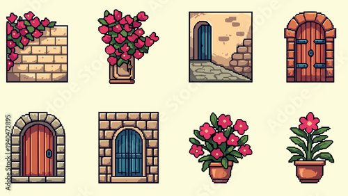 Charming vintage doors and floral arrangements in pixel art style