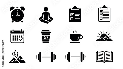 Silhouette icons: meditation, fitness, mountains, coffee, and planning in black