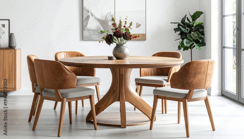Fototapeta premium Modern Dining Room with Round Wooden Table and Stylish Chairs for Family Gatherings and Elegant Home Decor.