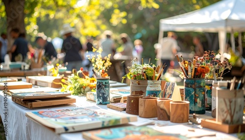 Outdoor arts & crafts fair with tables of paintings, brushes, flowers, wood, and people blurred in the sunny background