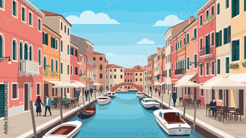 Charming canal scene with colorful buildings and boats under a blue sky