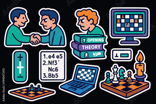 Chess strategy and tactics stickers featuring players, books, and boards