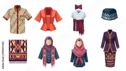 Traditional clothing designs: vibrant cultural attire and patterns in flat style