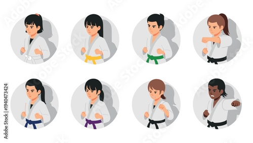 Diverse group of karate practitioners in martial arts uniforms with colored belts