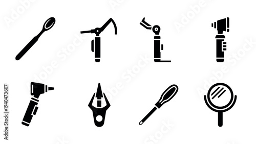 Collection of silhouette medical tools and equipment icons