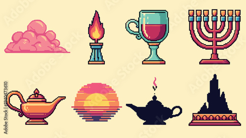 Retro pixel art objects featuring sunset, menorah, wine glass, and lamp