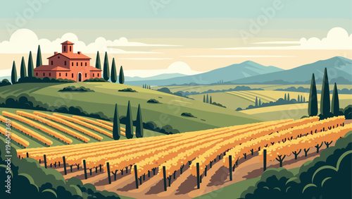 Picturesque tuscan countryside at sunset with rolling vineyards and hills