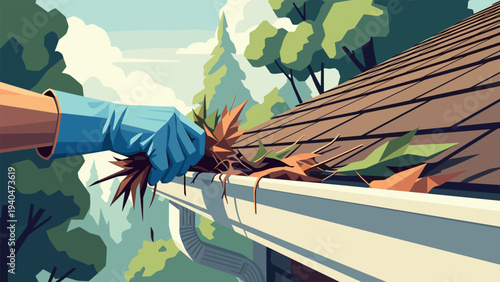 Autumn gutter cleaning with gloved hand in scenic backyard setting