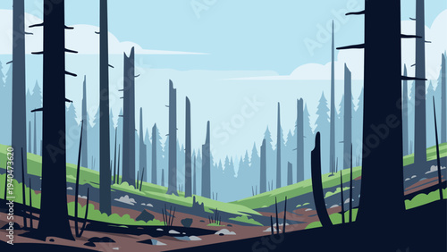 Serene forest landscape with tall trees and green hills in simplistic style