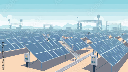 Vast solar power station with photovoltaic panels under clear blue sky in desert landscape