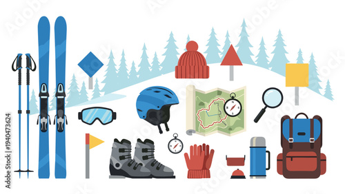 Essential winter sports equipment on snowy mountain background