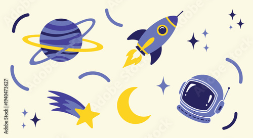 Whimsical Space Adventure with Rocket Ship Planets Stars Astronaut Helmet Moon and Comet on Cream Background