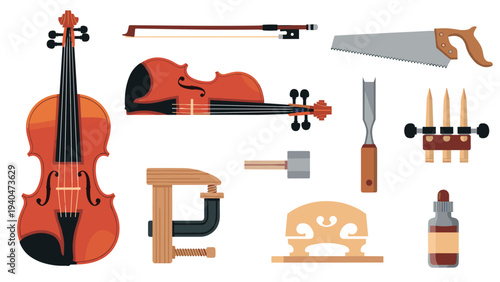 Flat design of violin and woodworking tools for craftsmanship and music enthusiasts