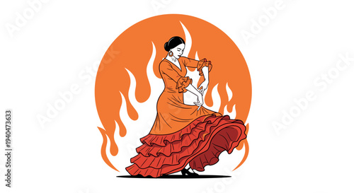 Flamenco dancer in orange skirt with flames background in flat art style