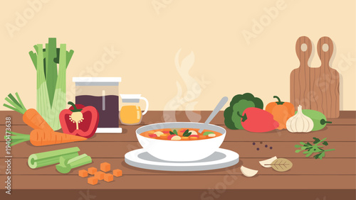 Cozy kitchen scene with fresh vegetables and soup preparation