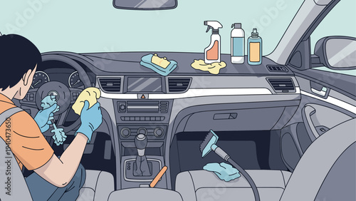 Cleaning car interior with supplies: detailing process in action