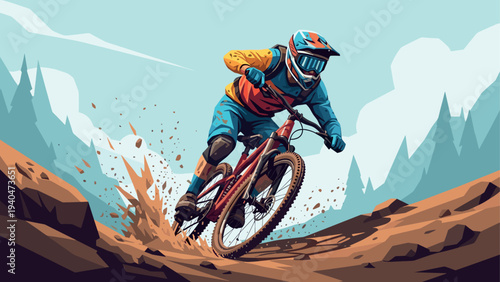 Mountain biker in dynamic motion on rocky trail with vibrant colors and energetic style