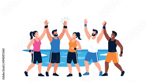Team celebration: group of diverse friends giving high fives in a flat style